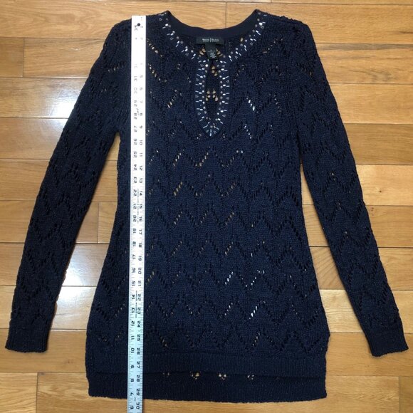 White House Black Market Studded Neckline Long Sleeve Navy Lace Sweater Size S - Picture 10 of 10